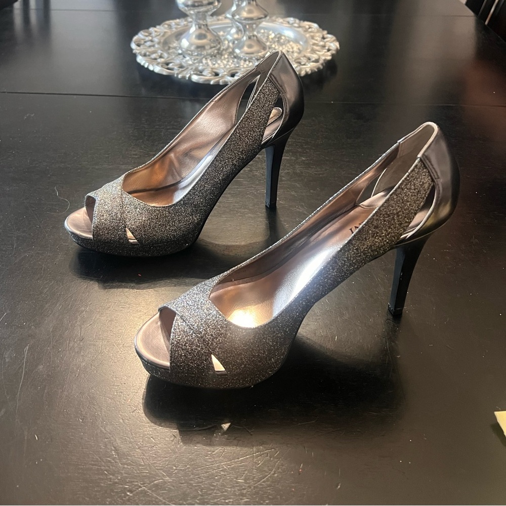Alfani Glitter Peep Toe Heels - Silver